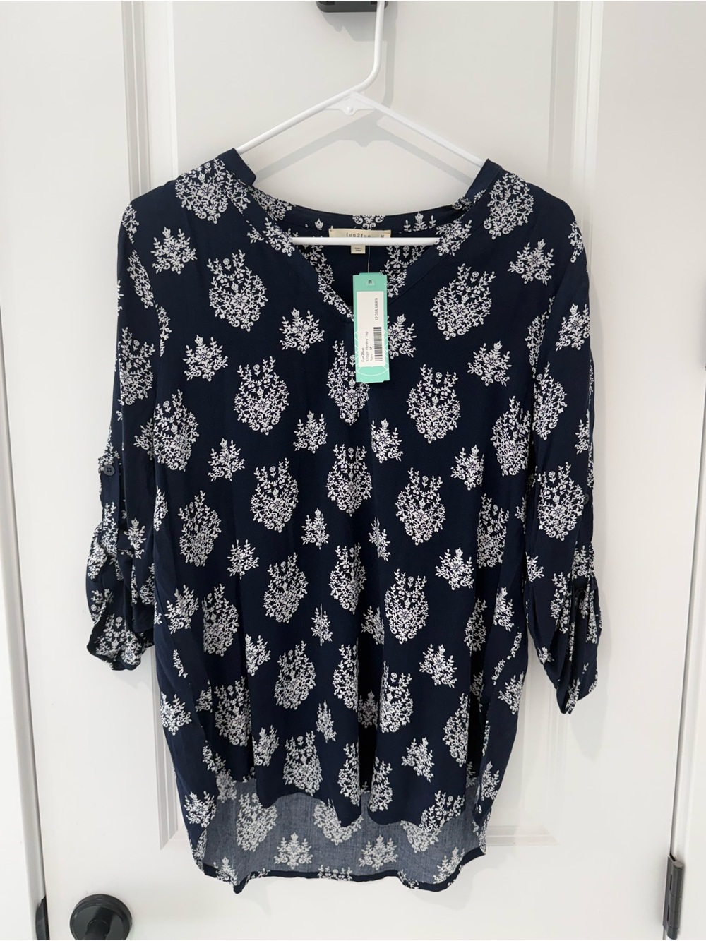 fun 2 fun Navy and White Floral V-Neck Blouse